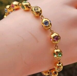 Vintage Deidre Hall Signed Gold Tone Multicolor Rhinestone Station Bracelet 8"